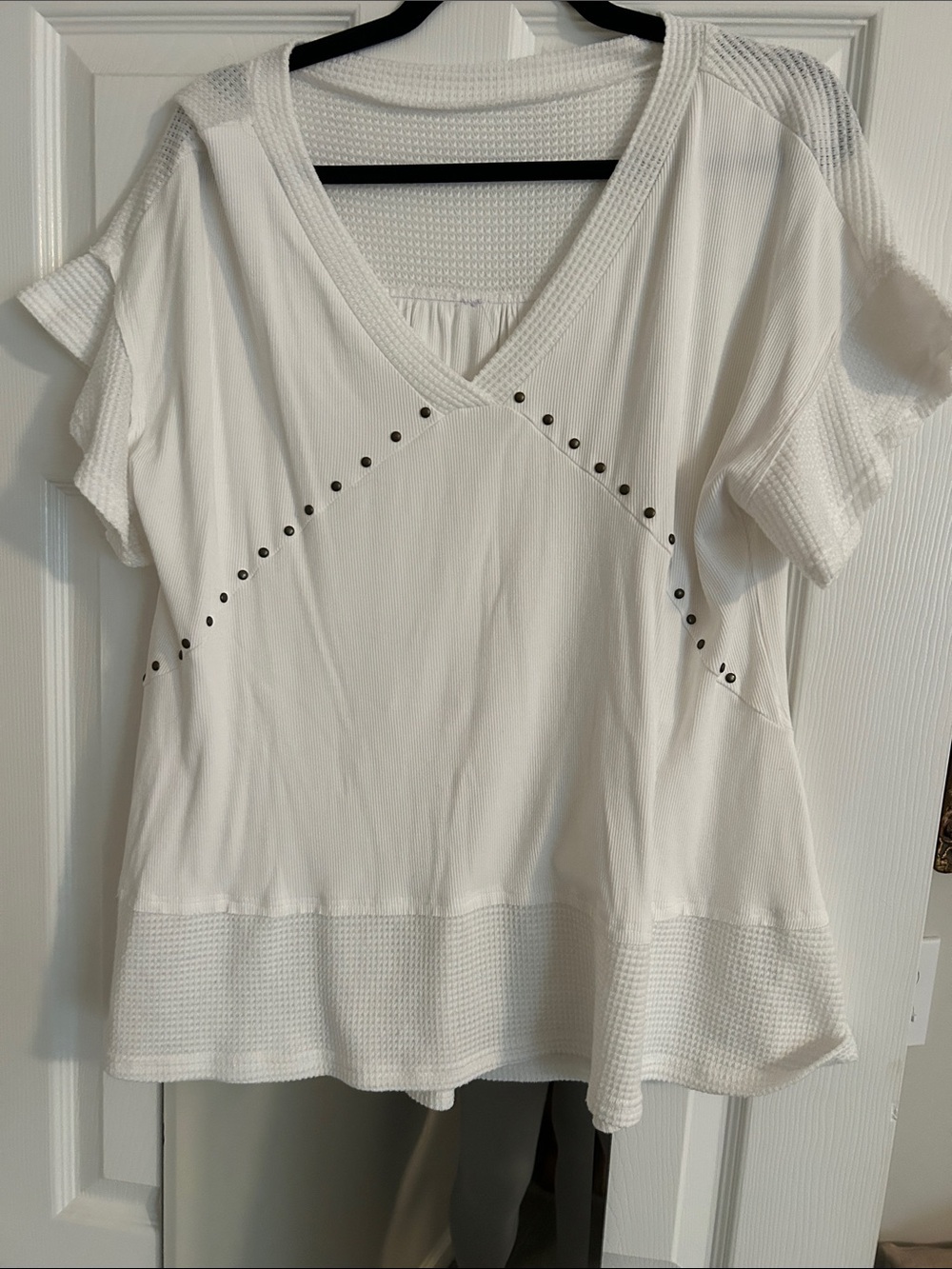 Women's White V-Neck Short Sleeve Top with Stud Detail